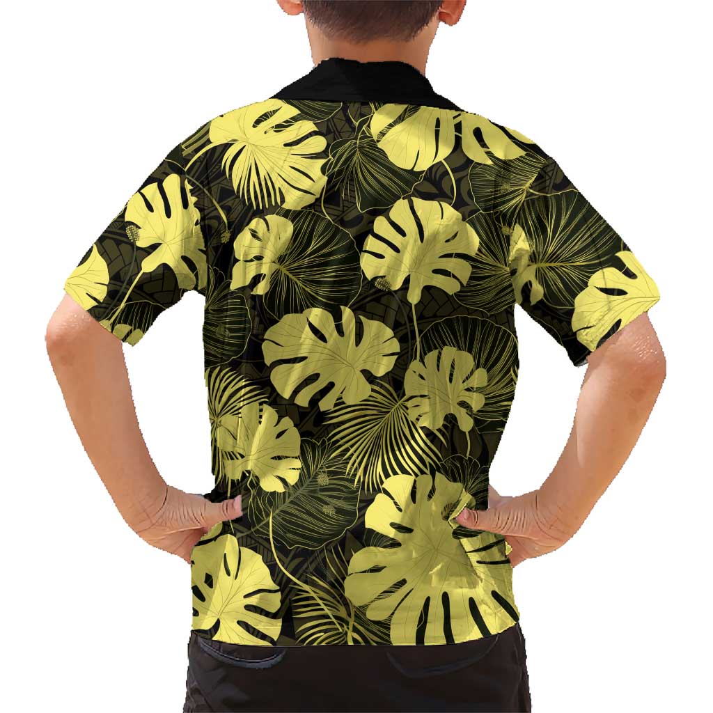 Yellow Hawaii Kukui Nut Lei Kid Hawaiian Shirt Hawaiian Pattern Monstera Tropical Vibes - Polynesian Pride