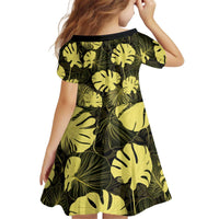 Yellow Hawaii Kukui Nut Lei Kid Short Sleeve Dress Hawaiian Pattern Monstera Tropical Vibes - Polynesian Pride