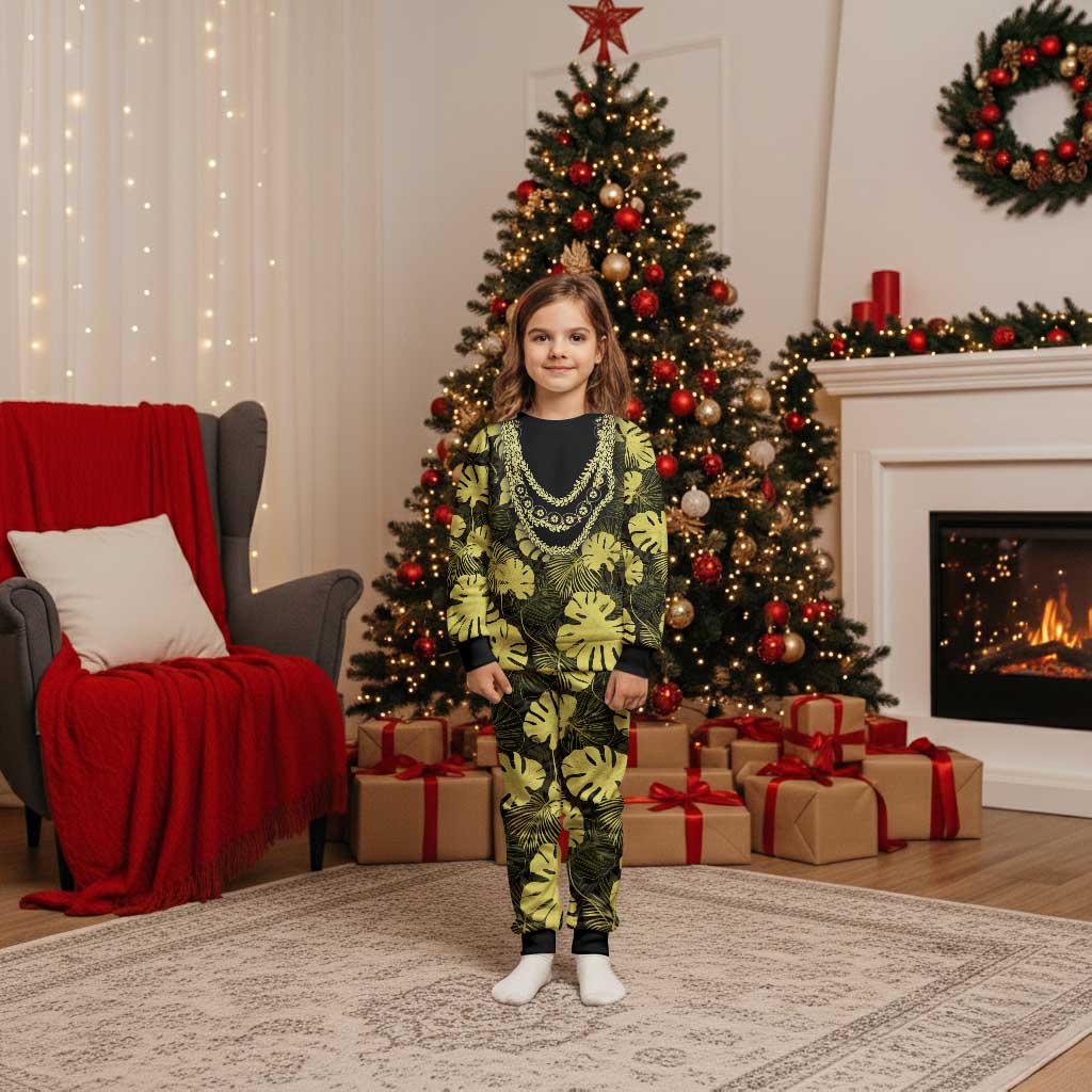 Yellow Hawaii Kukui Nut Lei Christmas Pajama Set Hawaiian Pattern Monstera Tropical Vibes - Polynesian Pride