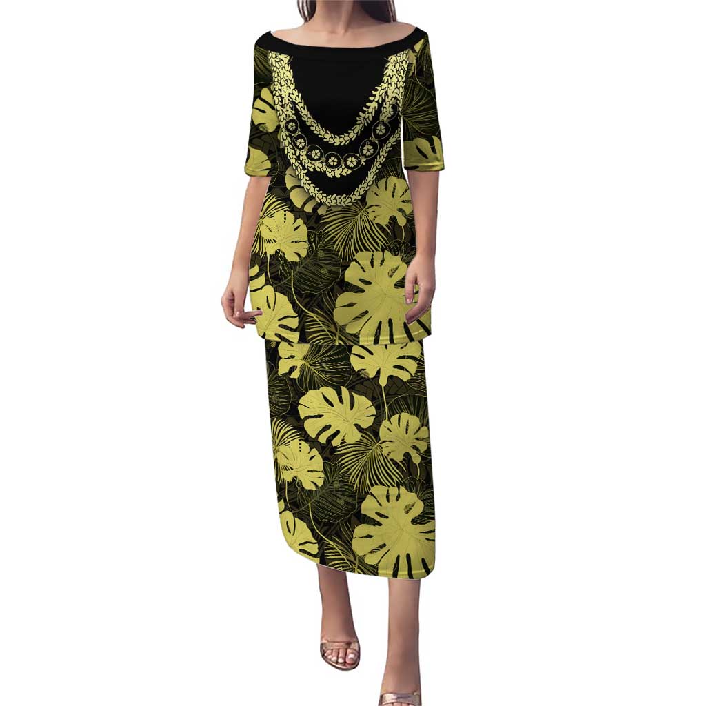 Yellow Hawaii Kukui Nut Lei Puletasi Hawaiian Pattern Monstera Tropical Vibes - Polynesian Pride