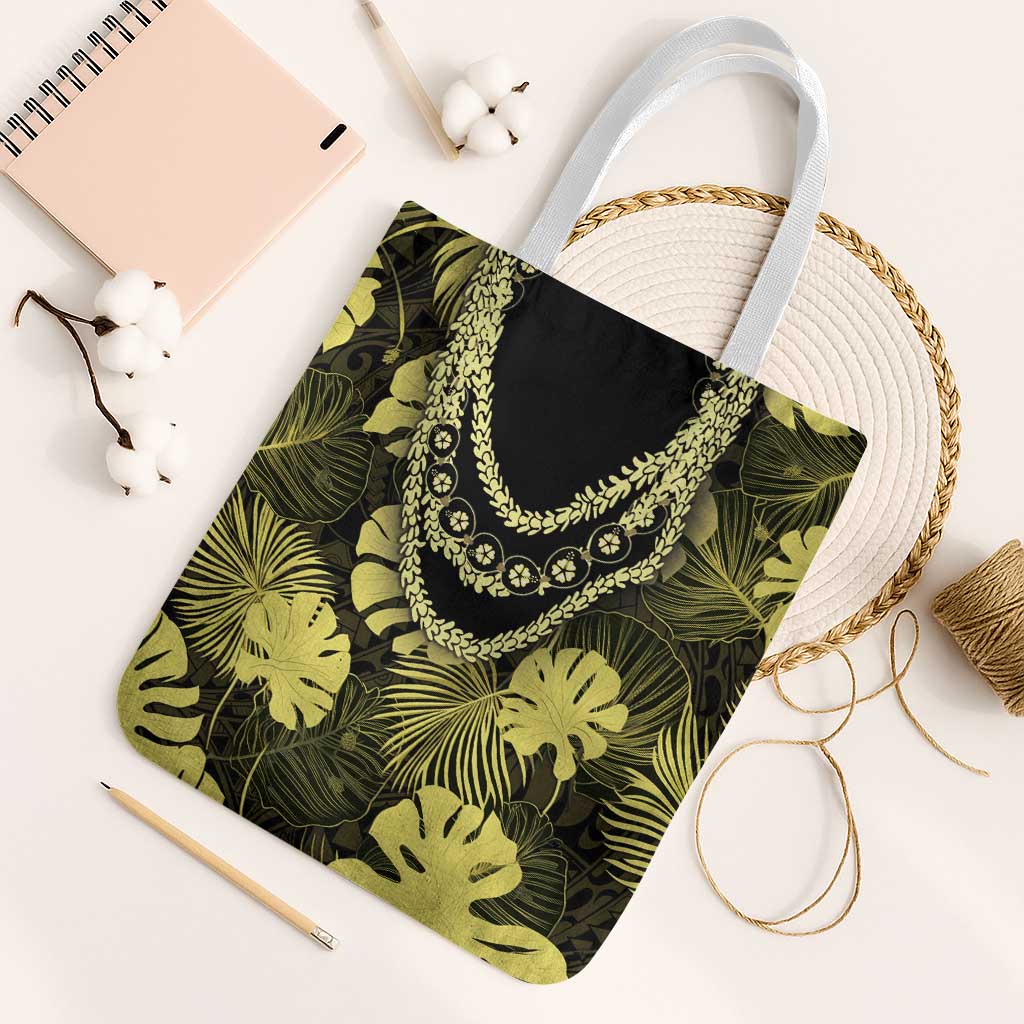 Yellow Hawaii Kukui Nut Lei Tote Bag Hawaiian Pattern Monstera Tropical Vibes - Polynesian Pride