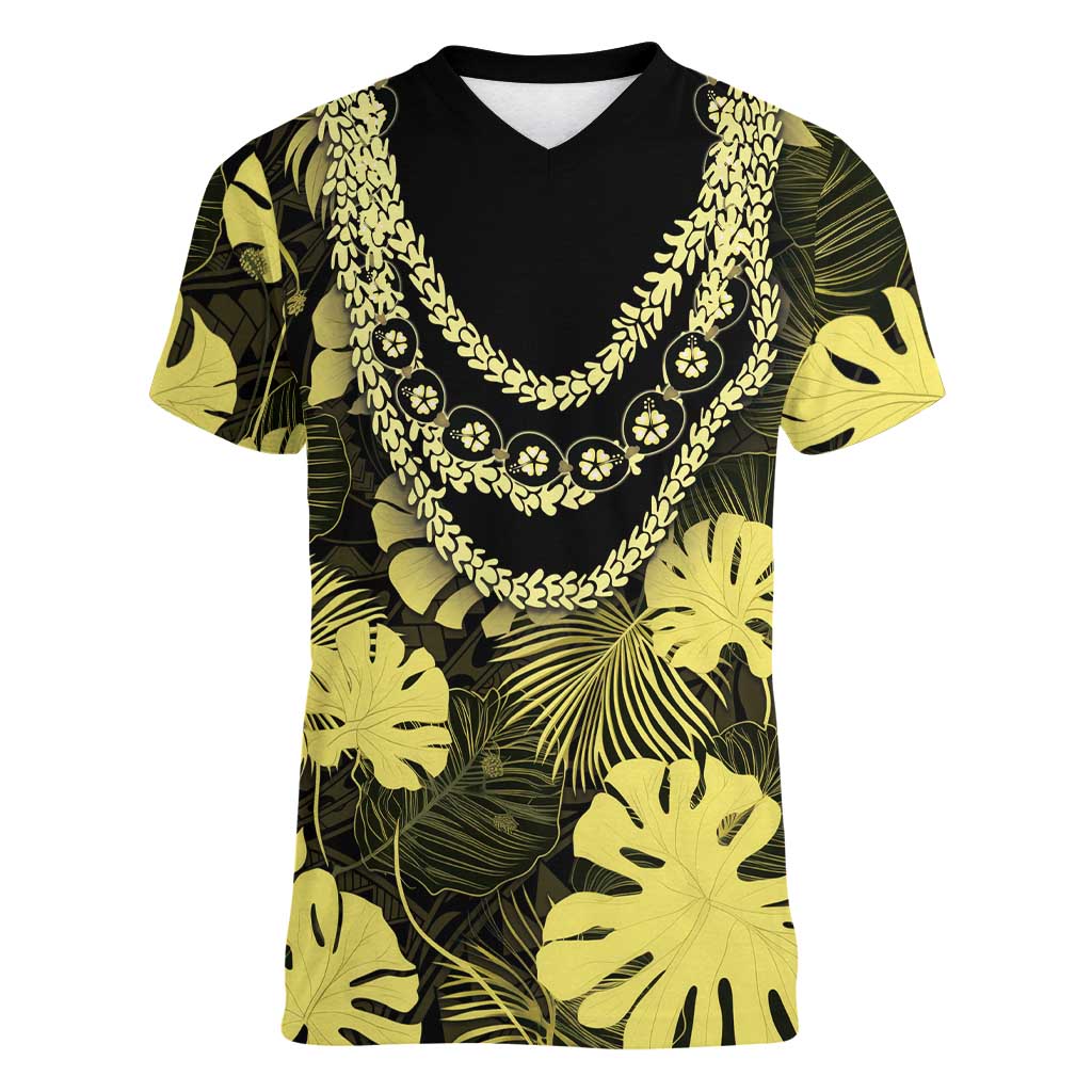 Yellow Hawaii Kukui Nut Lei Women V-Neck T-Shirt Hawaiian Pattern Monstera Tropical Vibes - Polynesian Pride