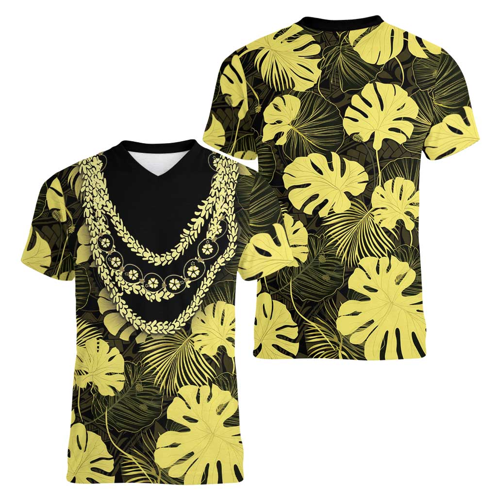 Yellow Hawaii Kukui Nut Lei Women V-Neck T-Shirt Hawaiian Pattern Monstera Tropical Vibes - Polynesian Pride