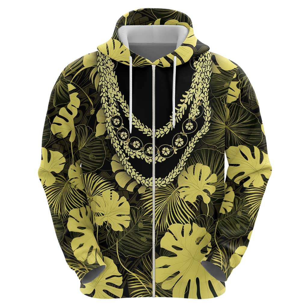 Yellow Hawaii Kukui Nut Lei Zip Hoodie Hawaiian Pattern Monstera Tropical Vibes LT14 - Polynesian Pride