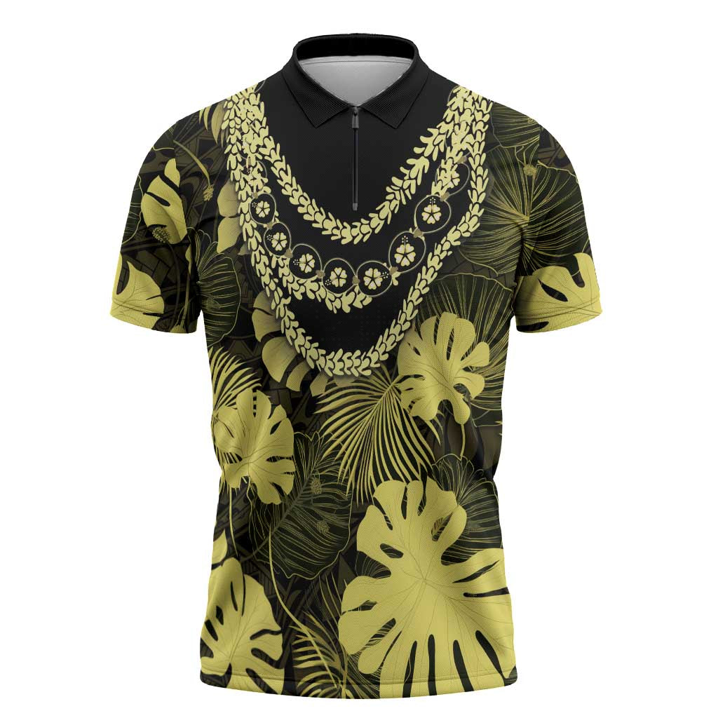 Yellow Hawaii Kukui Nut Lei Zipper Polo Shirt Hawaiian Pattern Monstera Tropical Vibes - Polynesian Pride