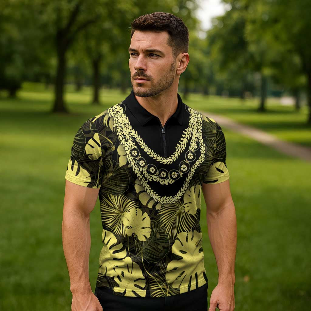 Yellow Hawaii Kukui Nut Lei Zipper Polo Shirt Hawaiian Pattern Monstera Tropical Vibes - Polynesian Pride