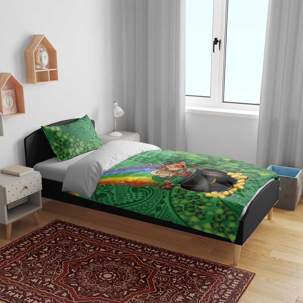 Hawaii Saint Patrick's Day Bedding Set Funny Leprechaun With Pot Of Gold - Polynesian Tattoo