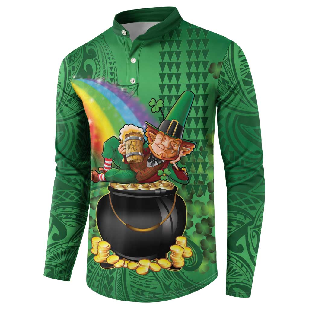 Hawaii Saint Patrick's Day Button Sweatshirt Funny Leprechaun With Pot Of Gold - Polynesian Tattoo