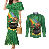 Hawaii Saint Patrick's Day Couples Matching Mermaid Dress and Long Sleeve Button Shirt Funny Leprechaun With Pot Of Gold - Polynesian Tattoo LT14 Green - Polynesian Pride