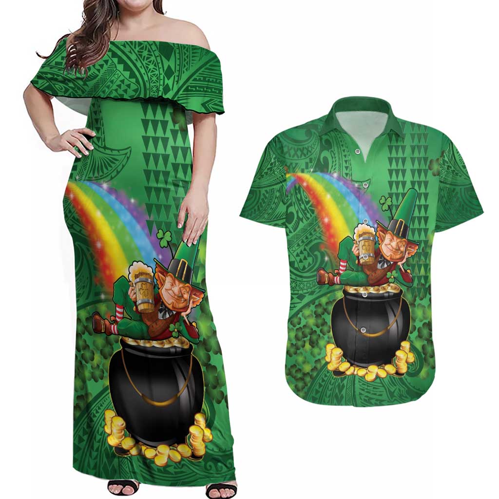 Hawaii Saint Patrick's Day Couples Matching Off Shoulder Maxi Dress and Hawaiian Shirt Funny Leprechaun With Pot Of Gold - Polynesian Tattoo LT14 Green - Polynesian Pride