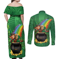 Hawaii Saint Patrick's Day Couples Matching Off Shoulder Maxi Dress and Long Sleeve Button Shirt Funny Leprechaun With Pot Of Gold - Polynesian Tattoo
