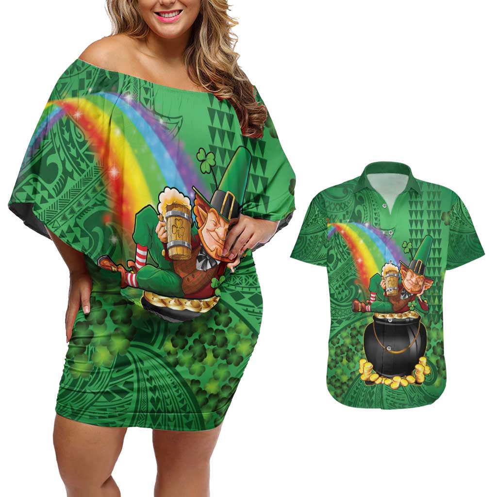 Hawaii Saint Patrick's Day Couples Matching Off Shoulder Short Dress and Hawaiian Shirt Funny Leprechaun With Pot Of Gold - Polynesian Tattoo LT14 Green - Polynesian Pride