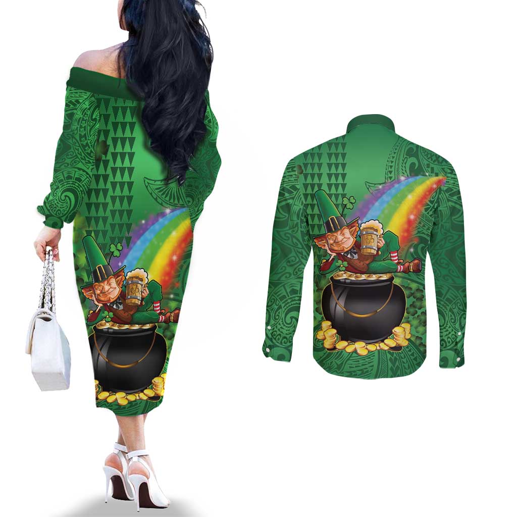 Hawaii Saint Patrick's Day Couples Matching Off The Shoulder Long Sleeve Dress and Long Sleeve Button Shirt Funny Leprechaun With Pot Of Gold - Polynesian Tattoo LT14 - Polynesian Pride