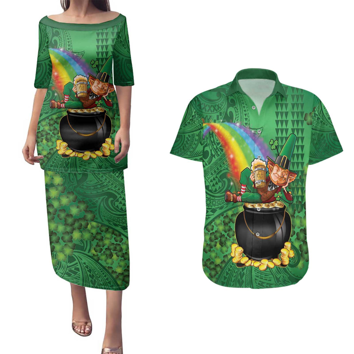 Hawaii Saint Patrick's Day Couples Matching Puletasi and Hawaiian Shirt Funny Leprechaun With Pot Of Gold - Polynesian Tattoo LT14 Green - Polynesian Pride