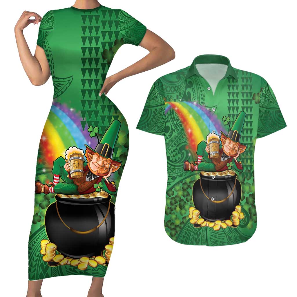 Hawaii Saint Patrick's Day Couples Matching Short Sleeve Bodycon Dress and Hawaiian Shirt Funny Leprechaun With Pot Of Gold - Polynesian Tattoo LT14 Green - Polynesian Pride