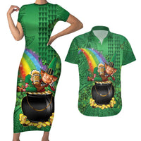 Hawaii Saint Patrick's Day Couples Matching Short Sleeve Bodycon Dress and Hawaiian Shirt Funny Leprechaun With Pot Of Gold - Polynesian Tattoo LT14 Green - Polynesian Pride