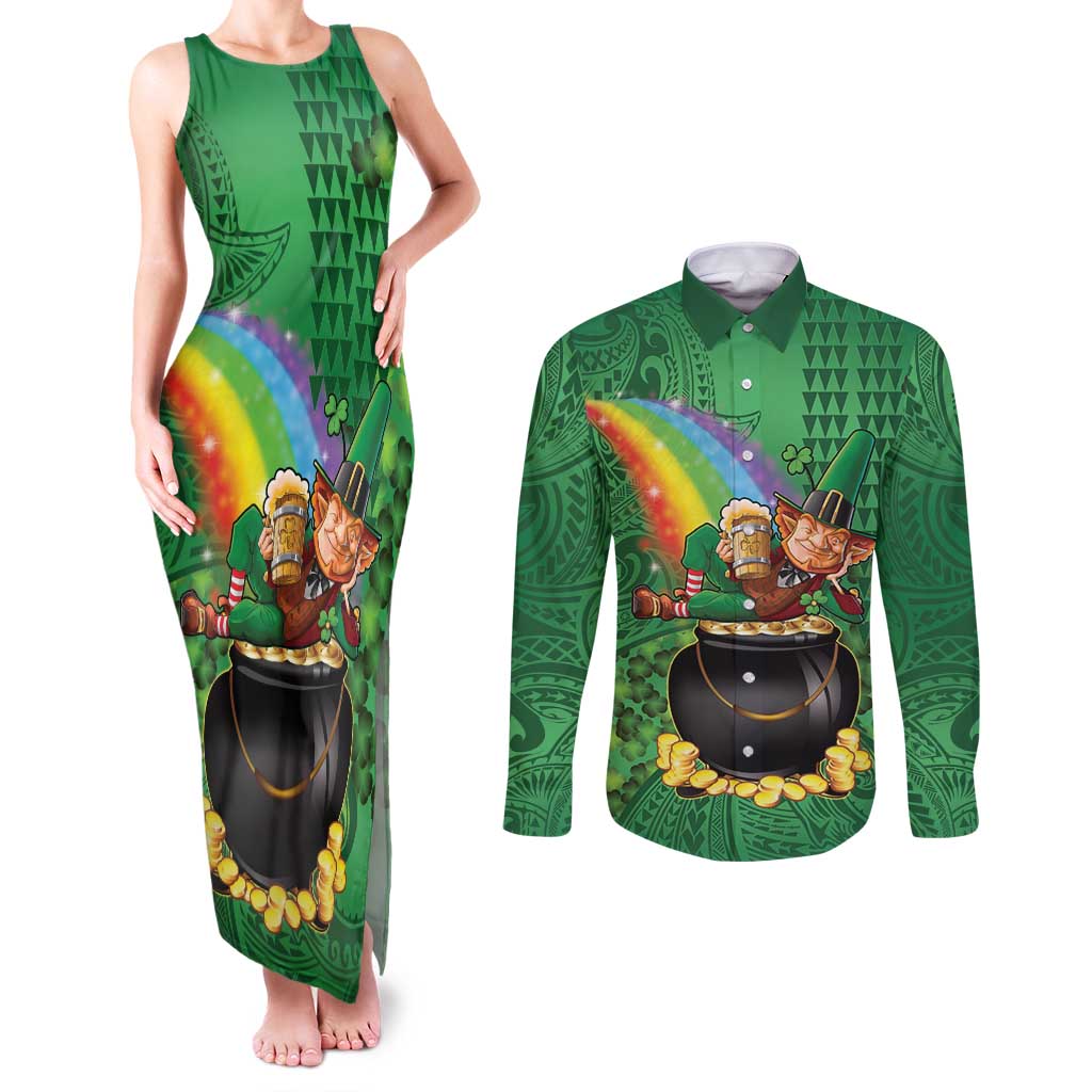 Hawaii Saint Patrick's Day Couples Matching Tank Maxi Dress and Long Sleeve Button Shirt Funny Leprechaun With Pot Of Gold - Polynesian Tattoo LT14 Green - Polynesian Pride