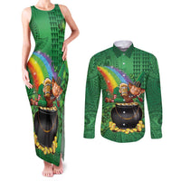 Hawaii Saint Patrick's Day Couples Matching Tank Maxi Dress and Long Sleeve Button Shirt Funny Leprechaun With Pot Of Gold - Polynesian Tattoo LT14 Green - Polynesian Pride