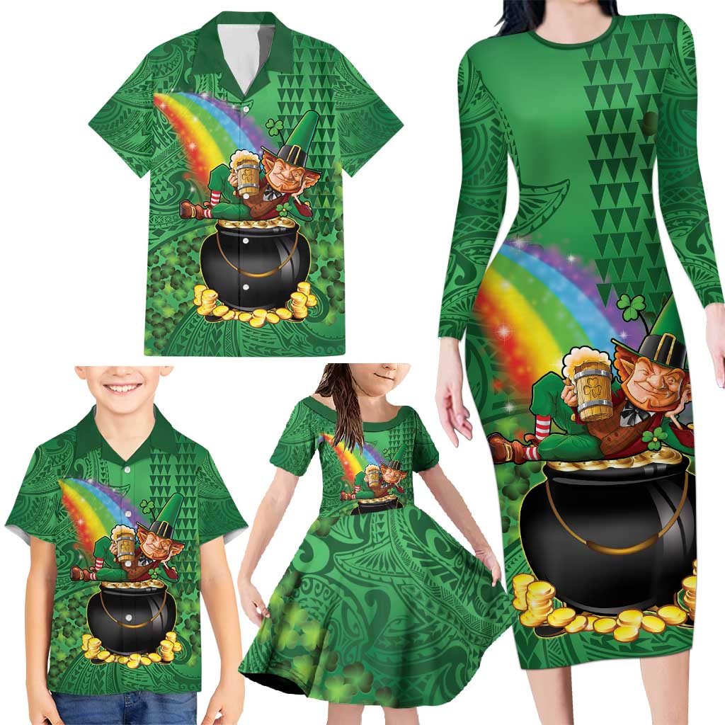 Hawaii Saint Patrick's Day Family Matching Long Sleeve Bodycon Dress and Hawaiian Shirt Funny Leprechaun With Pot Of Gold - Polynesian Tattoo LT14 - Polynesian Pride