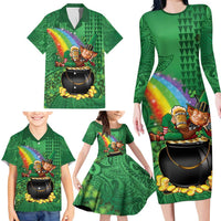 Hawaii Saint Patrick's Day Family Matching Long Sleeve Bodycon Dress and Hawaiian Shirt Funny Leprechaun With Pot Of Gold - Polynesian Tattoo LT14 - Polynesian Pride