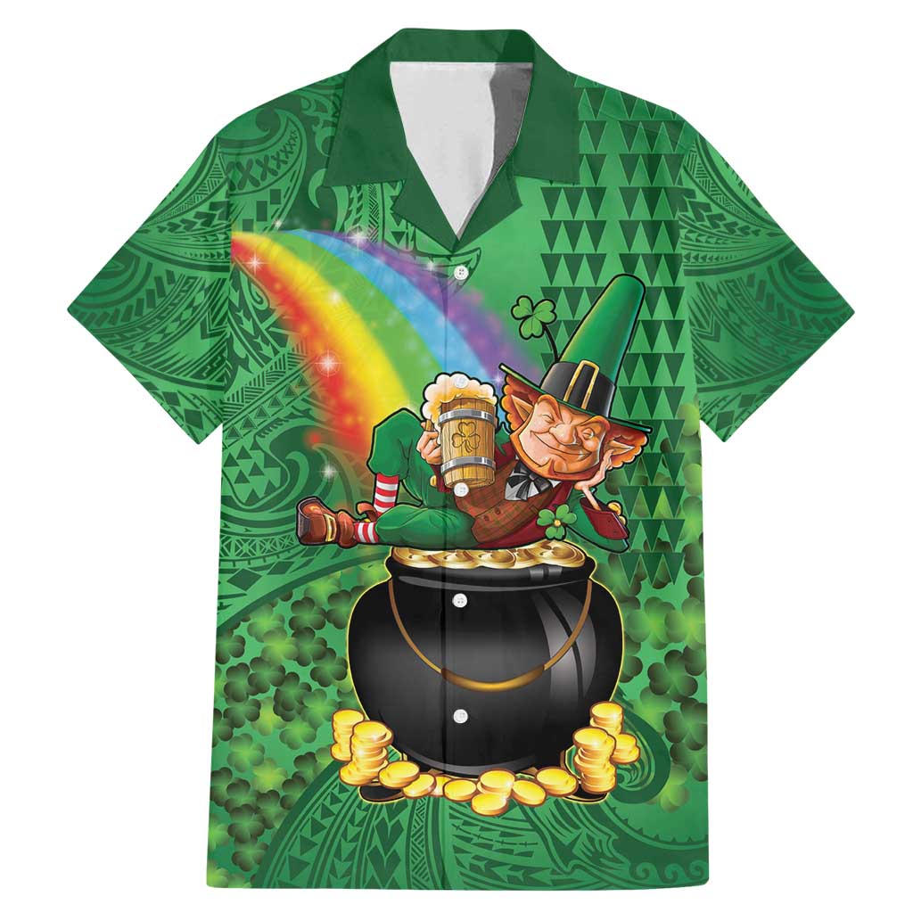 Hawaii Saint Patrick's Day Family Matching Mermaid Dress and Hawaiian Shirt Funny Leprechaun With Pot Of Gold - Polynesian Tattoo LT14 Dad's Shirt - Short Sleeve Green - Polynesian Pride