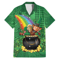 Hawaii Saint Patrick's Day Family Matching Mermaid Dress and Hawaiian Shirt Funny Leprechaun With Pot Of Gold - Polynesian Tattoo LT14 Dad's Shirt - Short Sleeve Green - Polynesian Pride