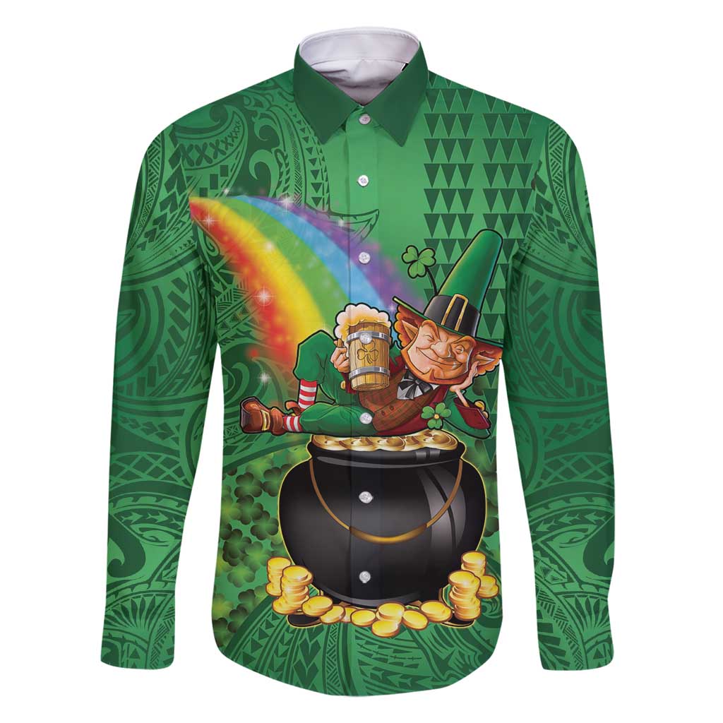 Hawaii Saint Patrick's Day Family Matching Mermaid Dress and Hawaiian Shirt Funny Leprechaun With Pot Of Gold - Polynesian Tattoo LT14 Dad's Shirt - Long Sleeve Green - Polynesian Pride
