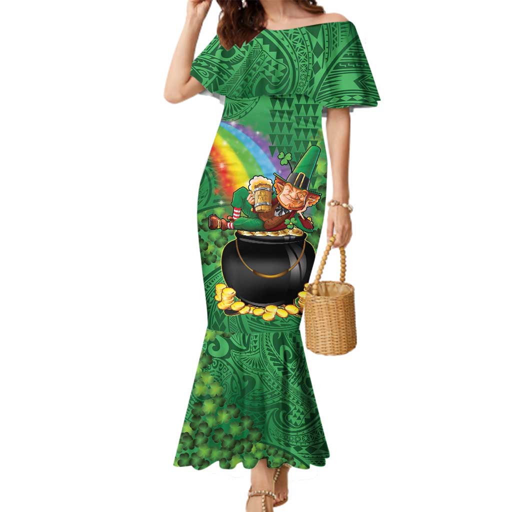 Hawaii Saint Patrick's Day Family Matching Mermaid Dress and Hawaiian Shirt Funny Leprechaun With Pot Of Gold - Polynesian Tattoo LT14 Mom's Dress Green - Polynesian Pride