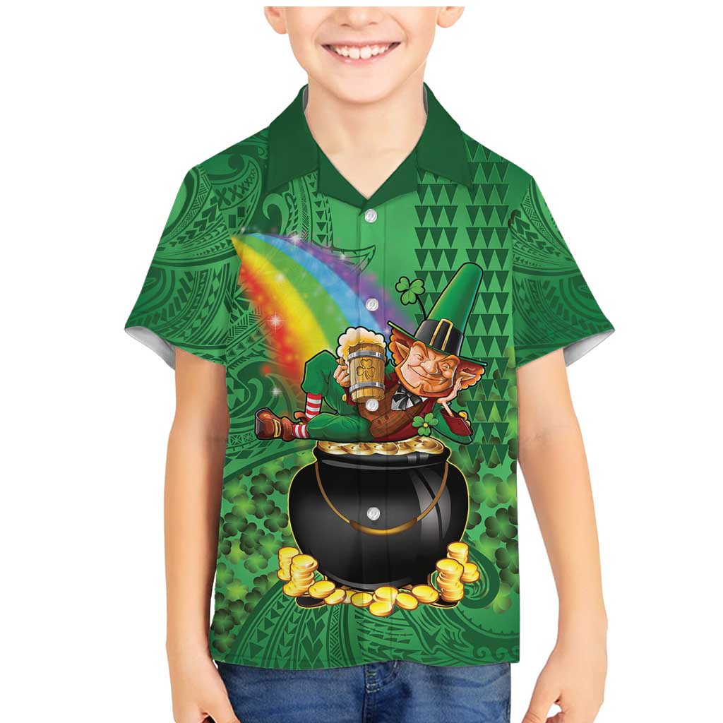 Hawaii Saint Patrick's Day Family Matching Mermaid Dress and Hawaiian Shirt Funny Leprechaun With Pot Of Gold - Polynesian Tattoo LT14 Son's Shirt Green - Polynesian Pride