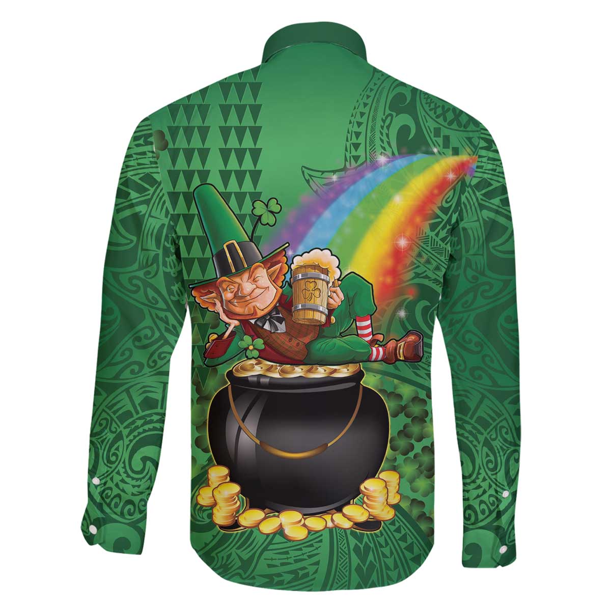Hawaii Saint Patrick's Day Family Matching Off The Shoulder Long Sleeve Dress and Hawaiian Shirt Funny Leprechaun With Pot Of Gold - Polynesian Tattoo LT14 - Polynesian Pride