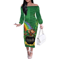 Hawaii Saint Patrick's Day Family Matching Off The Shoulder Long Sleeve Dress and Hawaiian Shirt Funny Leprechaun With Pot Of Gold - Polynesian Tattoo LT14 - Polynesian Pride