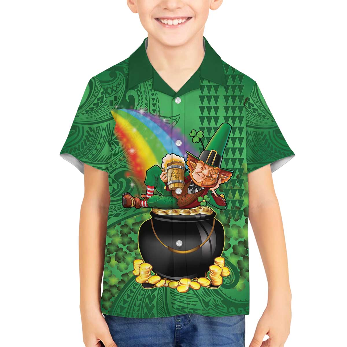 Hawaii Saint Patrick's Day Family Matching Off The Shoulder Long Sleeve Dress and Hawaiian Shirt Funny Leprechaun With Pot Of Gold - Polynesian Tattoo LT14 - Polynesian Pride