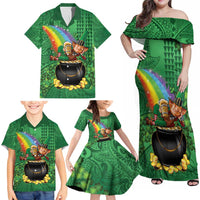 Hawaii Saint Patrick's Day Family Matching Off Shoulder Maxi Dress and Hawaiian Shirt Funny Leprechaun With Pot Of Gold - Polynesian Tattoo LT14 - Polynesian Pride