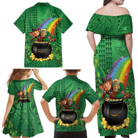 Hawaii Saint Patrick's Day Family Matching Off Shoulder Maxi Dress and Hawaiian Shirt Funny Leprechaun With Pot Of Gold - Polynesian Tattoo LT14 - Polynesian Pride