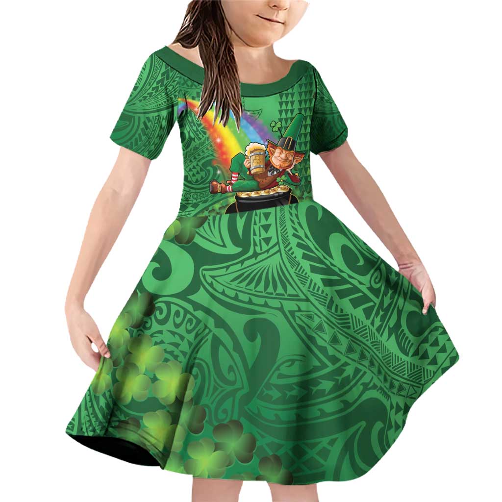 Hawaii Saint Patrick's Day Family Matching Off Shoulder Short Dress and Hawaiian Shirt Funny Leprechaun With Pot Of Gold - Polynesian Tattoo LT14 Daughter's Dress Green - Polynesian Pride