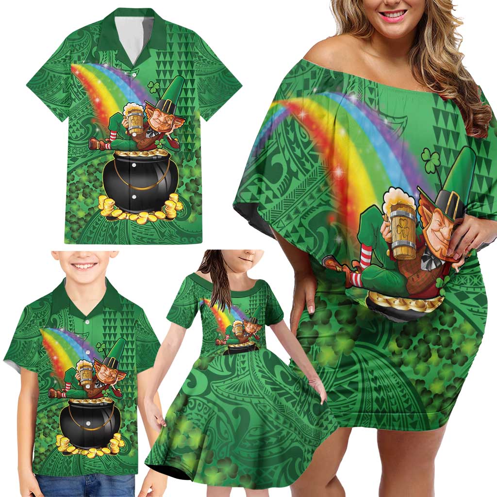 Hawaii Saint Patrick's Day Family Matching Off Shoulder Short Dress and Hawaiian Shirt Funny Leprechaun With Pot Of Gold - Polynesian Tattoo LT14 - Polynesian Pride