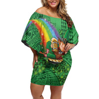 Hawaii Saint Patrick's Day Family Matching Off Shoulder Short Dress and Hawaiian Shirt Funny Leprechaun With Pot Of Gold - Polynesian Tattoo LT14 Mom's Dress Green - Polynesian Pride