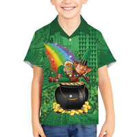 Hawaii Saint Patrick's Day Family Matching Off Shoulder Short Dress and Hawaiian Shirt Funny Leprechaun With Pot Of Gold - Polynesian Tattoo LT14 Son's Shirt Green - Polynesian Pride