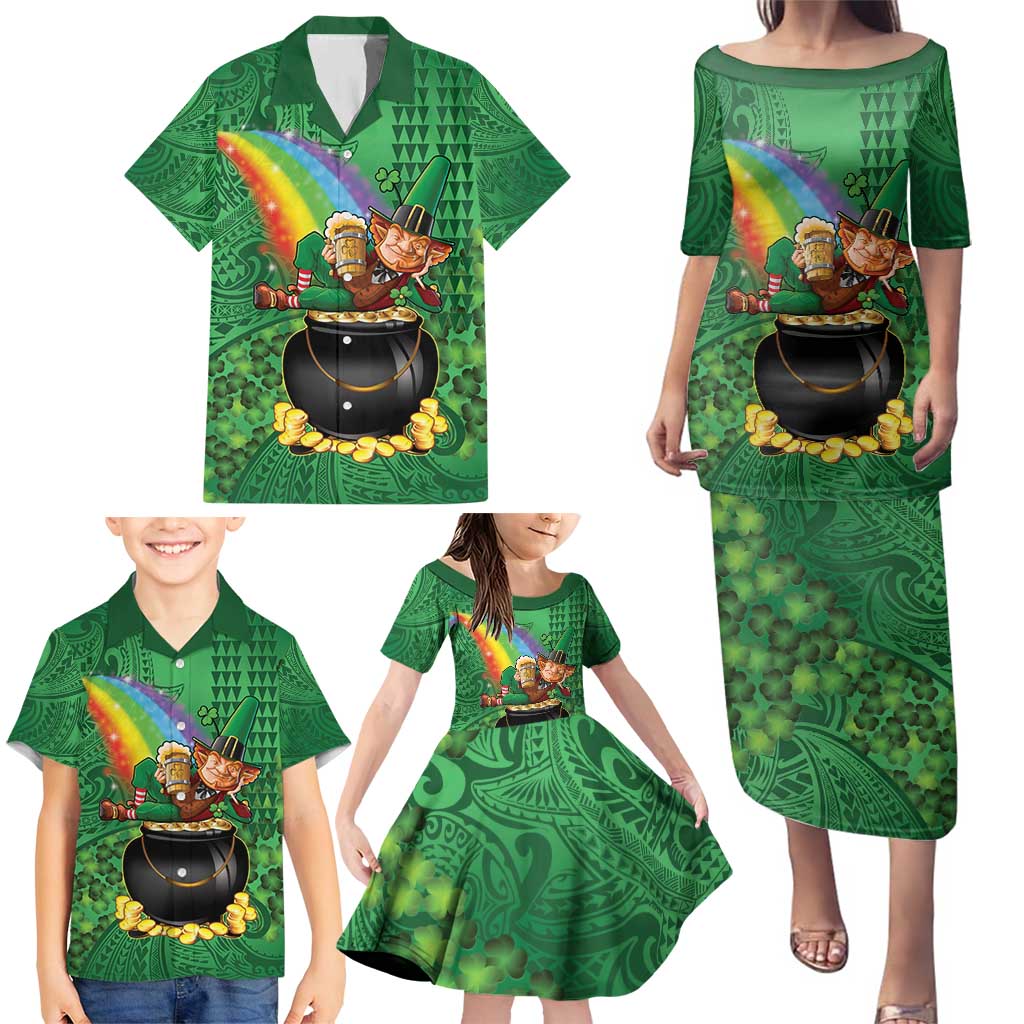 Hawaii Saint Patrick's Day Family Matching Puletasi and Hawaiian Shirt Funny Leprechaun With Pot Of Gold - Polynesian Tattoo LT14 - Polynesian Pride