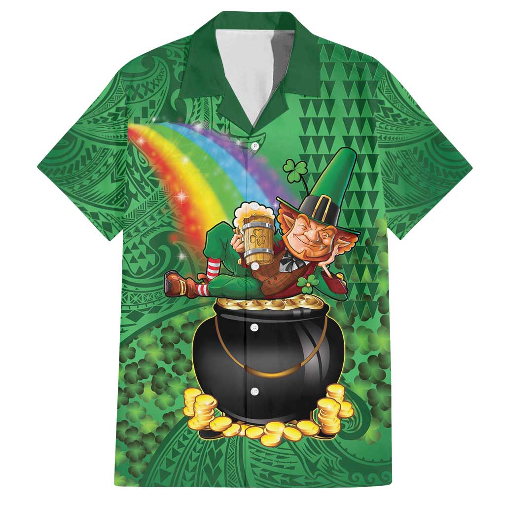 Hawaii Saint Patrick's Day Family Matching Puletasi and Hawaiian Shirt Funny Leprechaun With Pot Of Gold - Polynesian Tattoo LT14 Dad's Shirt - Short Sleeve Green - Polynesian Pride
