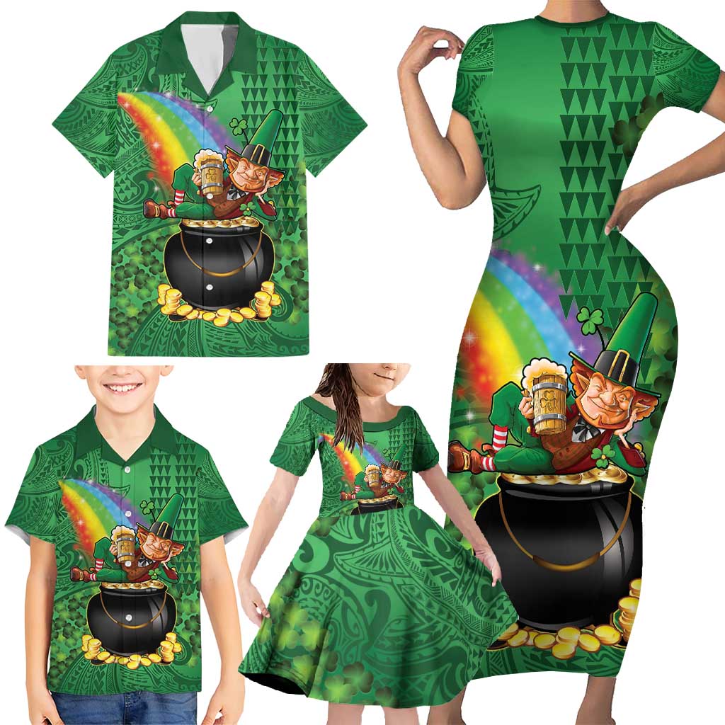 Hawaii Saint Patrick's Day Family Matching Short Sleeve Bodycon Dress and Hawaiian Shirt Funny Leprechaun With Pot Of Gold - Polynesian Tattoo LT14 - Polynesian Pride