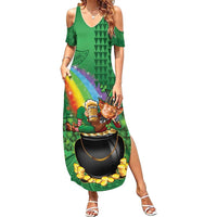 Hawaii Saint Patrick's Day Family Matching Summer Maxi Dress and Hawaiian Shirt Funny Leprechaun With Pot Of Gold - Polynesian Tattoo LT14 Mom's Dress Green - Polynesian Pride