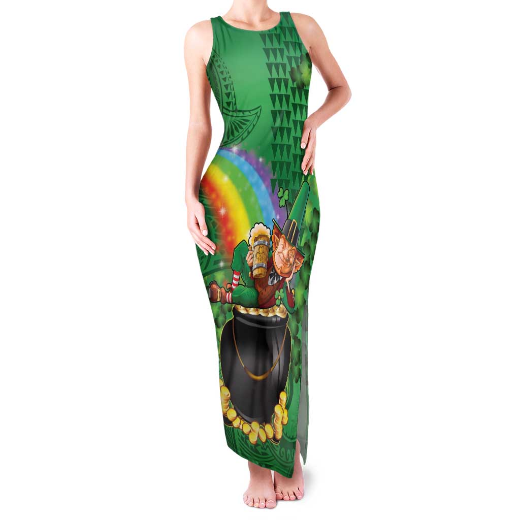 Hawaii Saint Patrick's Day Family Matching Tank Maxi Dress and Hawaiian Shirt Funny Leprechaun With Pot Of Gold - Polynesian Tattoo LT14 Mom's Dress Green - Polynesian Pride