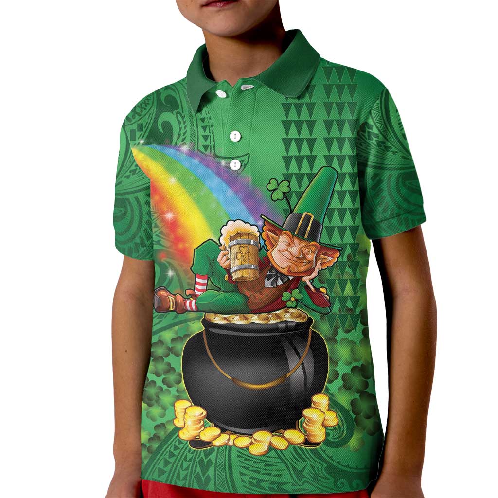 Hawaii Saint Patrick's Day Kid Polo Shirt Funny Leprechaun With Pot Of Gold - Polynesian Tattoo