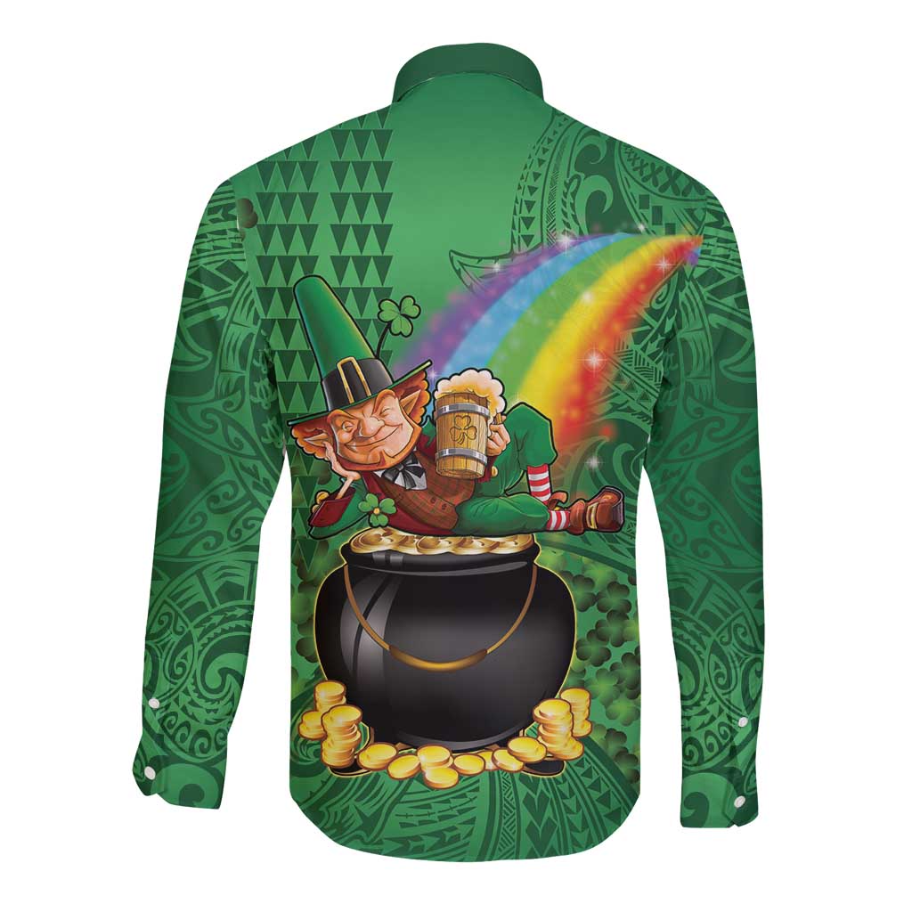 Hawaii Saint Patrick's Day Long Sleeve Button Shirt Funny Leprechaun With Pot Of Gold - Polynesian Tattoo