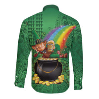 Hawaii Saint Patrick's Day Long Sleeve Button Shirt Funny Leprechaun With Pot Of Gold - Polynesian Tattoo