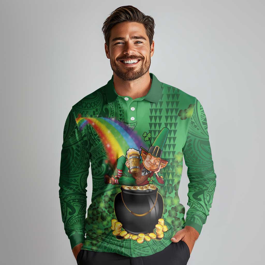Hawaii Saint Patrick's Day Long Sleeve Polo Shirt Funny Leprechaun With Pot Of Gold - Polynesian Tattoo