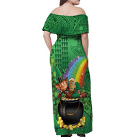 Hawaii Saint Patrick's Day Off Shoulder Maxi Dress Funny Leprechaun With Pot Of Gold - Polynesian Tattoo
