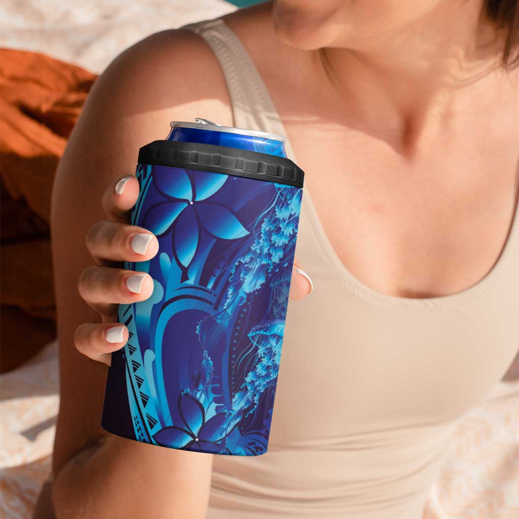 Purple Paradise Polynesia Jellyfish 4 in 1 Can Cooler Tumbler Plumeria Polynesian Tattoo Glowing Vibes