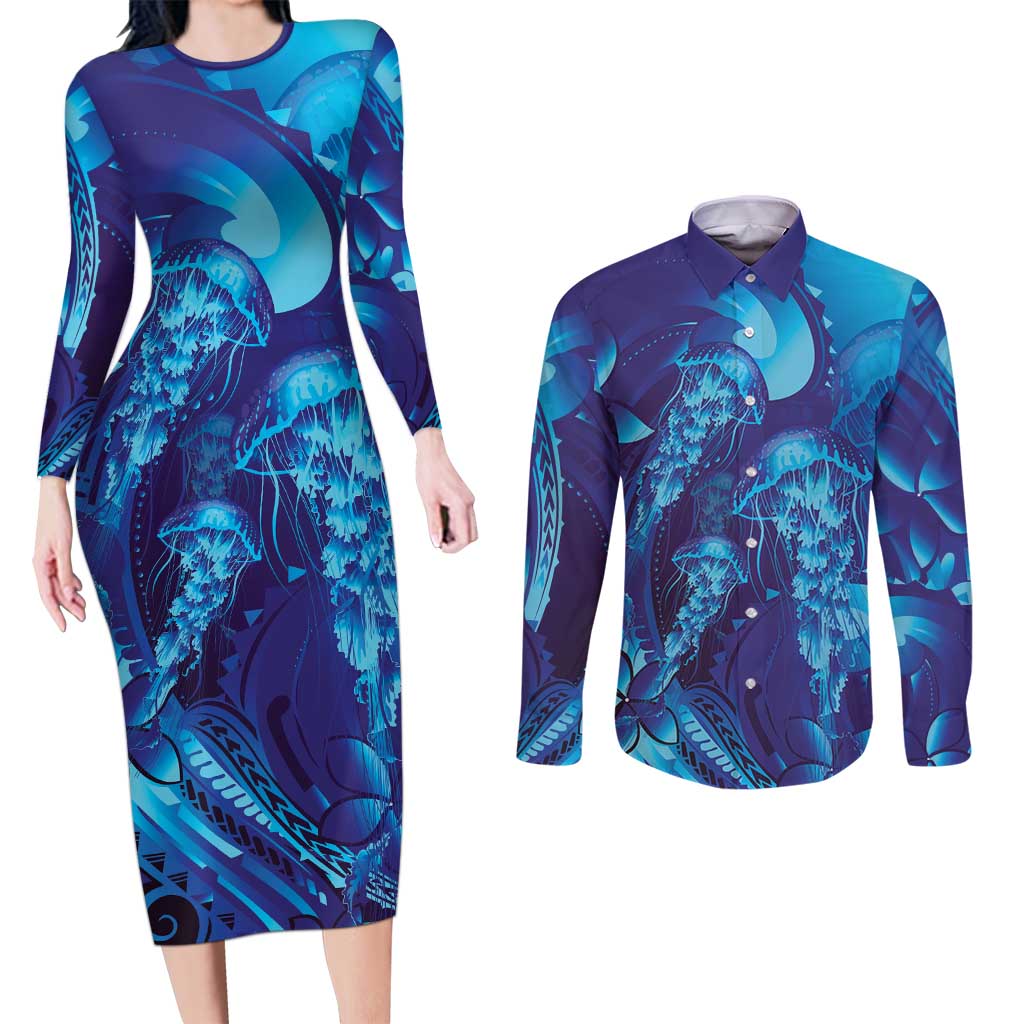 Purple Paradise Polynesia Jellyfish Couples Matching Long Sleeve Bodycon Dress and Long Sleeve Button Shirt Plumeria Polynesian Tattoo Glowing Vibes LT14 Purple - Polynesian Pride